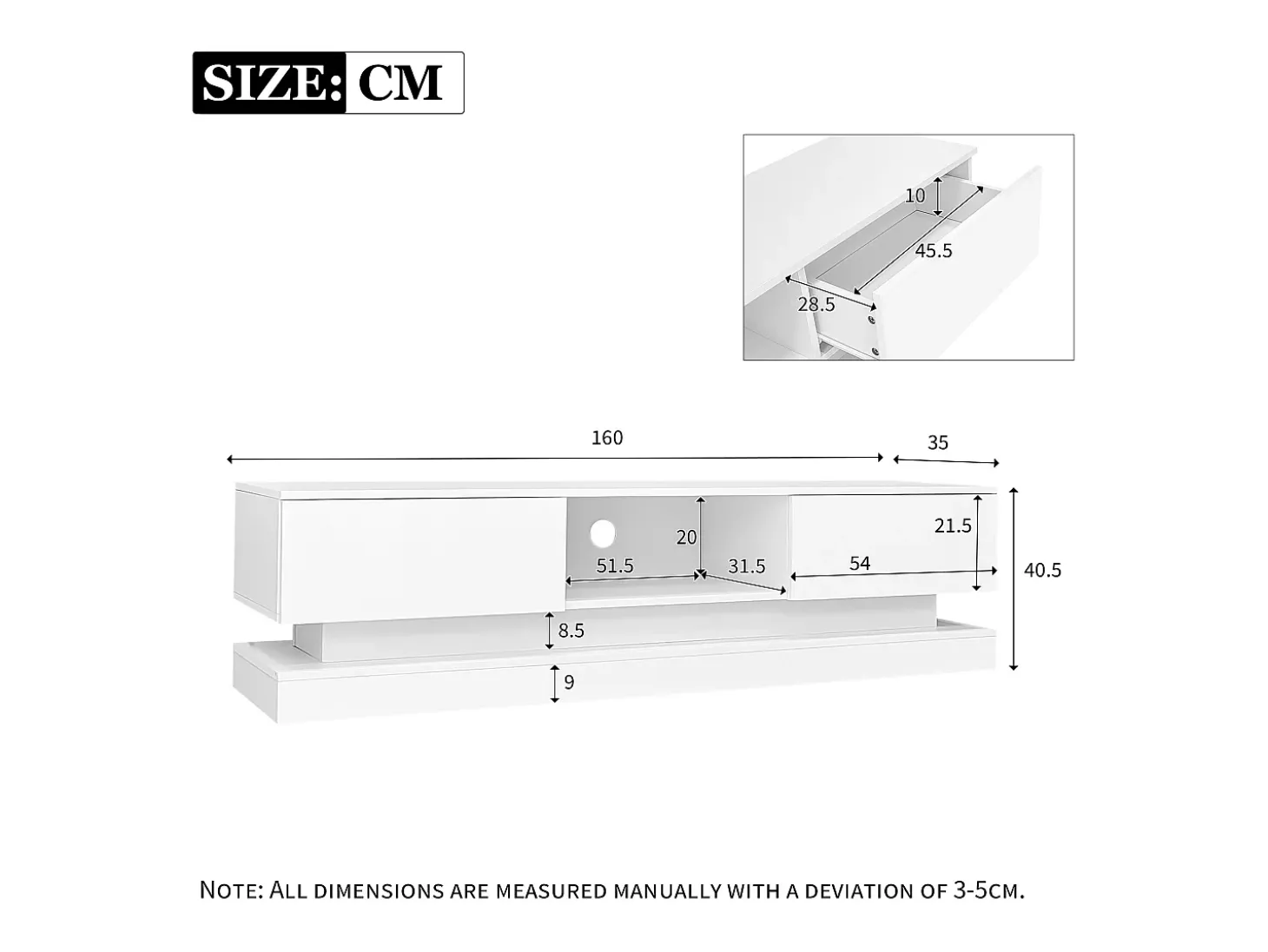Mueble TV con 2 cajones y compartimento abierto - 160 x 35 x 40,5 cm - LED - Tablero de partículas - Blanco brillo
