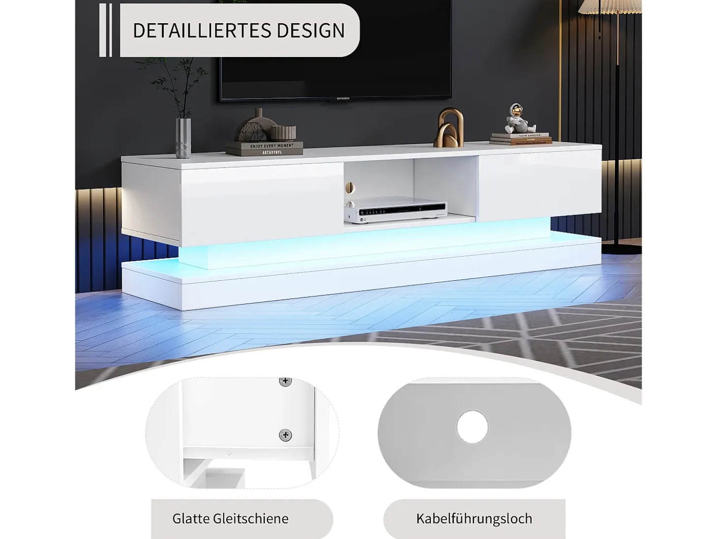 Mueble TV con 2 cajones y compartimento abierto - 160 x 35 x 40,5 cm - LED - Tablero de partículas - Blanco brillo