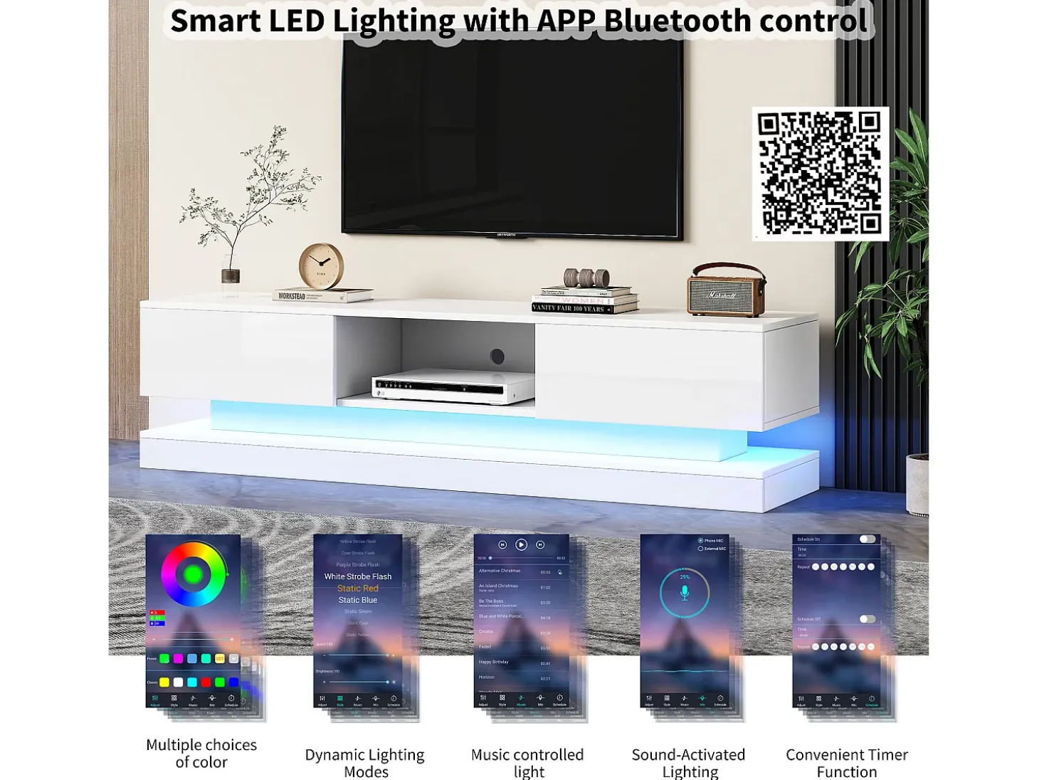 Mueble TV con 2 cajones y compartimento abierto - 160 x 35 x 40,5 cm - LED - Tablero de partículas - Blanco brillo