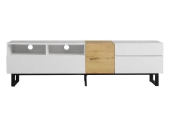 Mueble TV con 2 cajones y 2 puertas - patas de metal - color blanco y madera