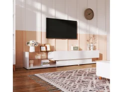 Mueble TV con 2 cajones y estantes de cristal - 170 x 36 x 38 cm - LED - Tablero de partículas - Blanco