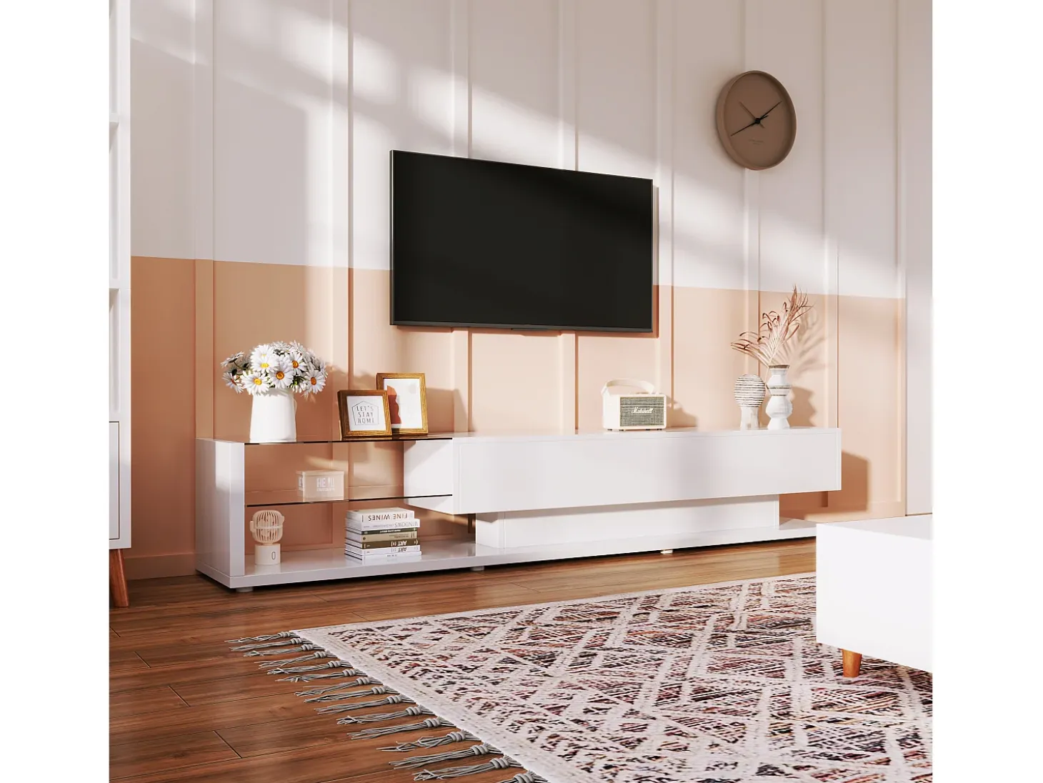 Mueble TV con 2 cajones y estantes de cristal - 170 x 36 x 38 cm - LED - Tablero de partículas - Blanco