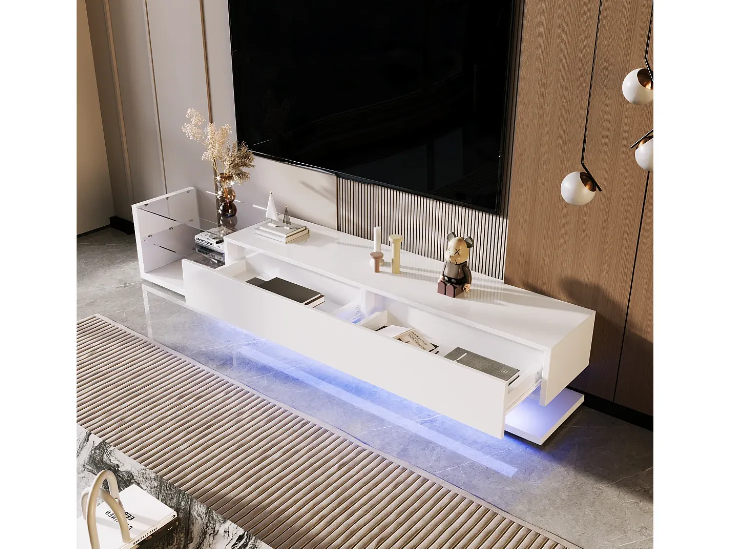 Mueble TV con 2 cajones y estantes de cristal - 170 x 36 x 38 cm - LED - Tablero de partículas - Blanco