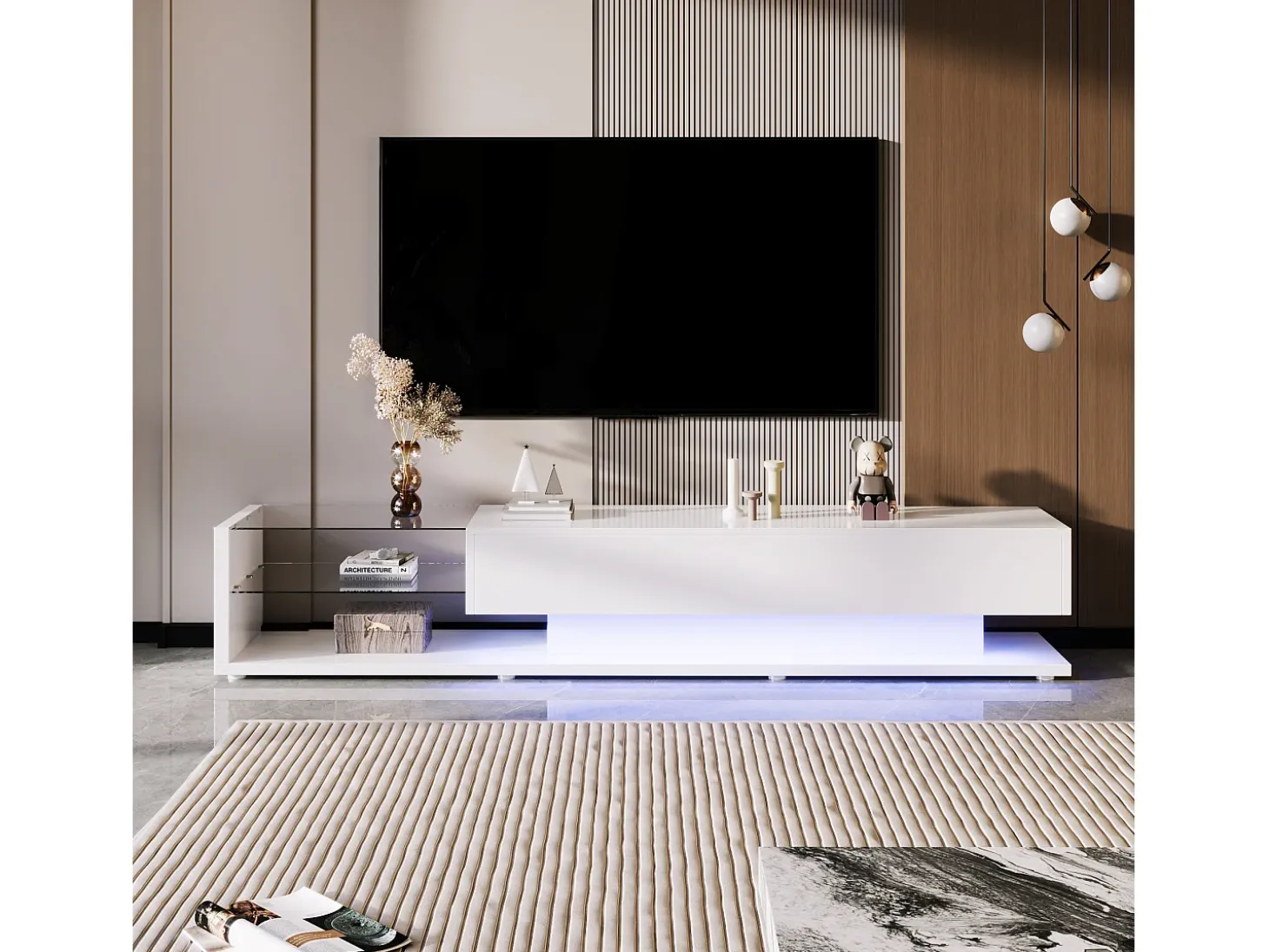 Mueble TV con 2 cajones y estantes de cristal - 170 x 36 x 38 cm - LED - Tablero de partículas - Blanco