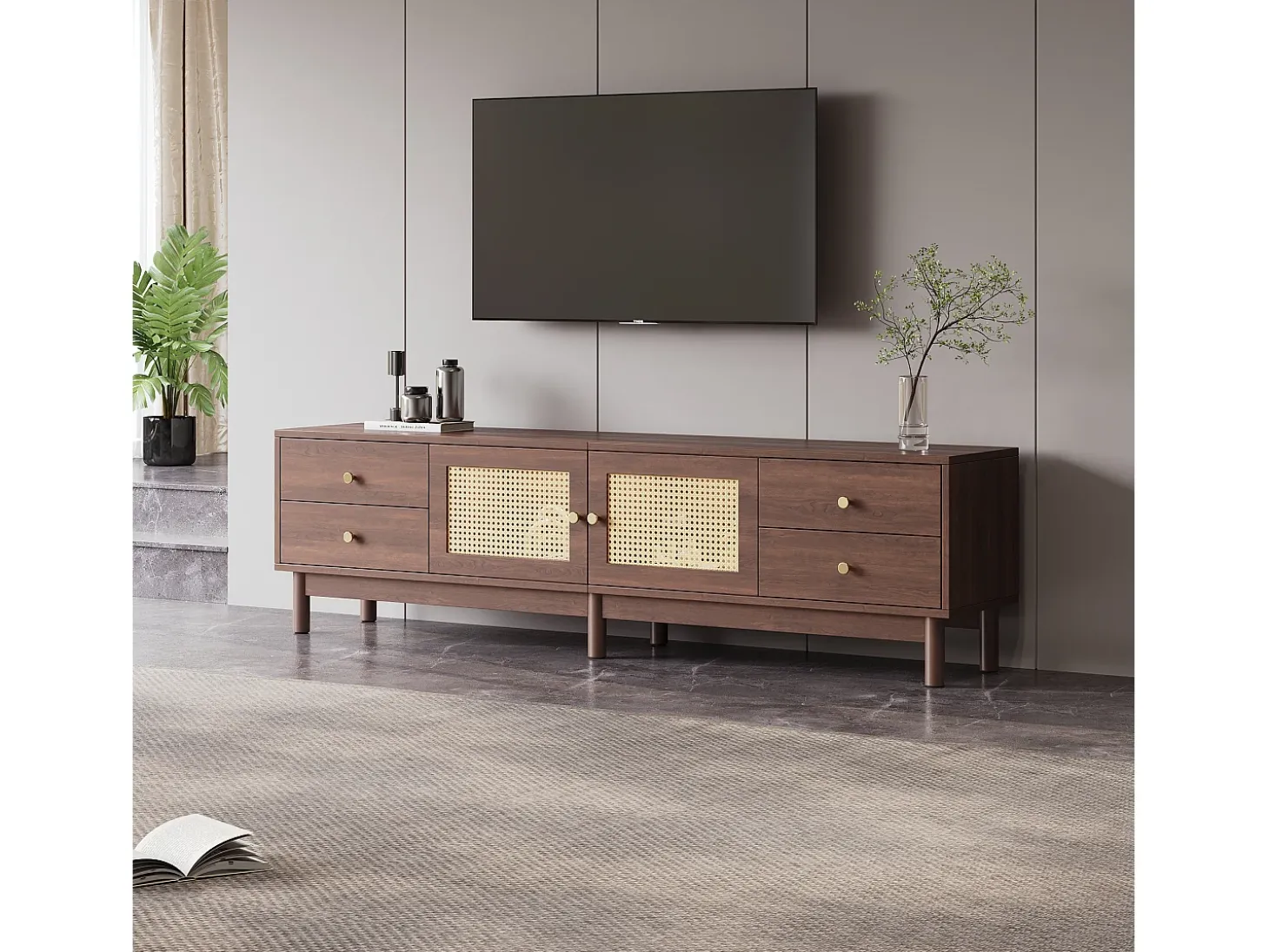 Mueble TV con 4 cajones y 2 puertas de ratán - 180 x 35 x 44 cm - Tablero de partículas - Marrón