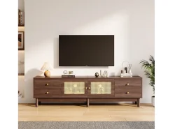 Mueble TV con 4 cajones y 2 puertas de ratán - 180 x 35 x 44 cm - Tablero de partículas - Marrón