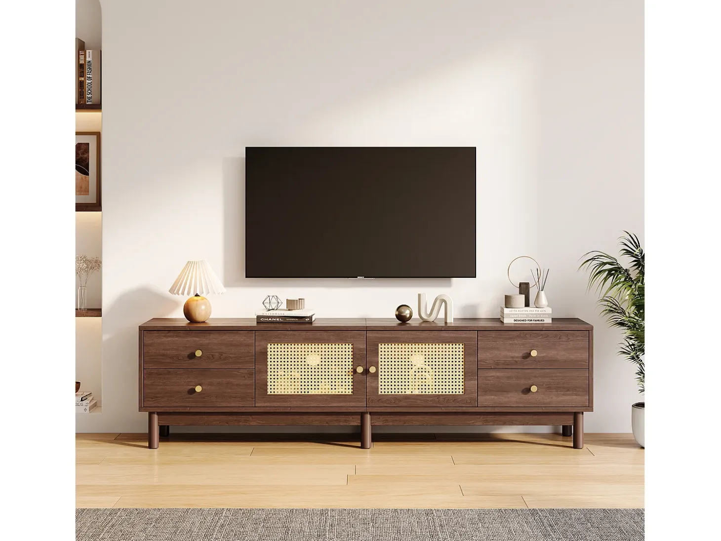 Mueble TV con 4 cajones y 2 puertas de ratán - 180 x 35 x 44 cm - Tablero de partículas - Marrón