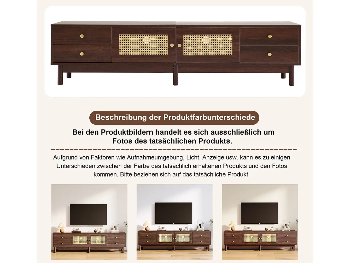 Mueble TV con 4 cajones y 2 puertas de ratán - 180 x 35 x 44 cm - Tablero de partículas - Marrón