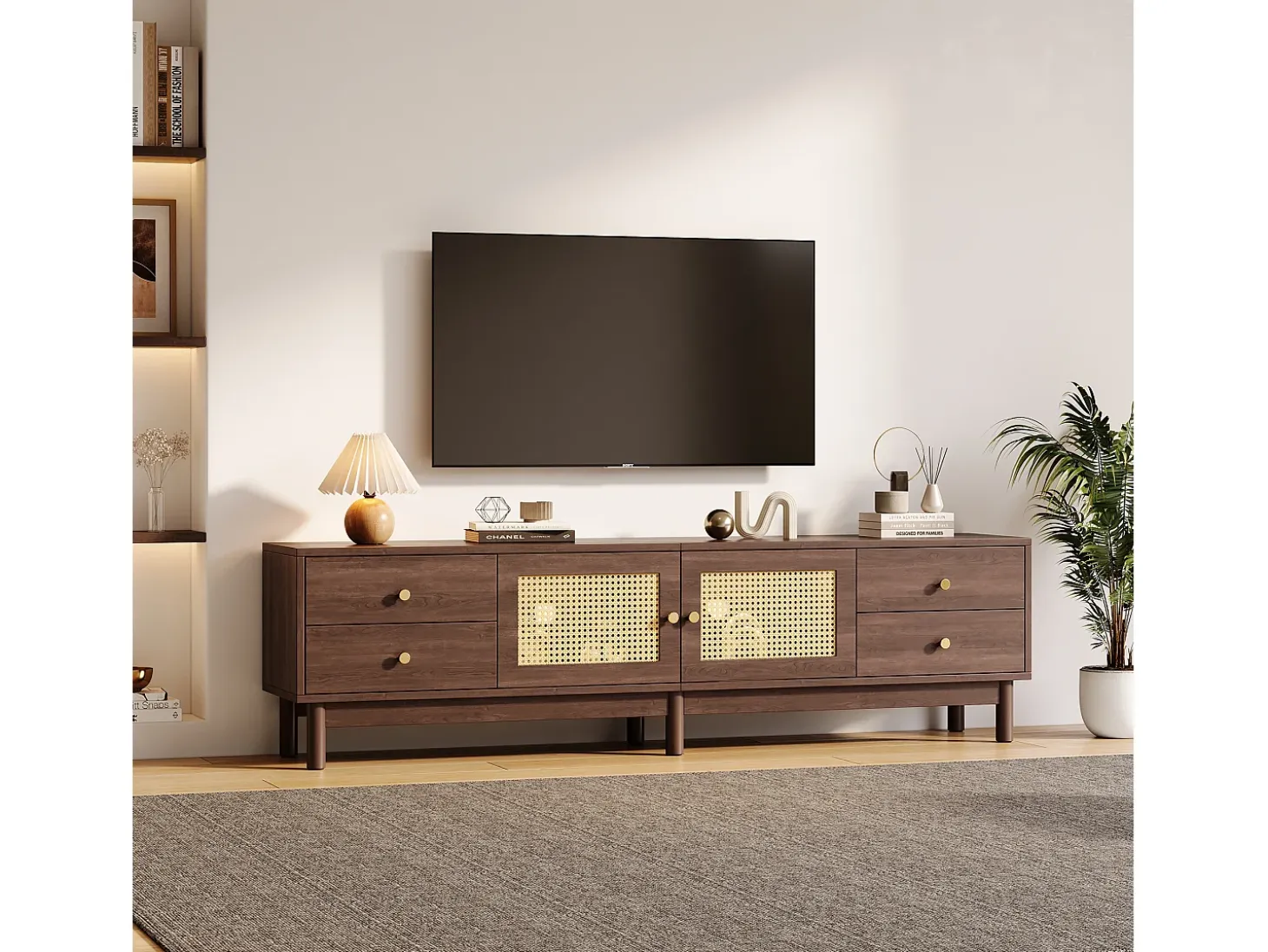 Mueble TV con 4 cajones y 2 puertas de ratán - 180 x 35 x 44 cm - Tablero de partículas - Marrón