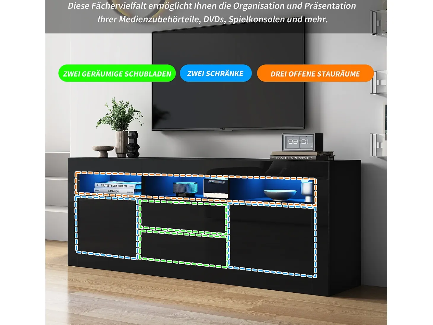 Mueble TV con 3 compartimentos abiertos, 2 puertas y 2 cajones - 160 x 35 x 60 cm - Tablero de partículas - LED - Negro brillante