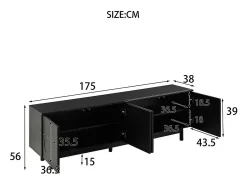 Mueble TV con 4 puertas - 175 x 38 x 56 cm - MDF y tableros de partículas - para salón - Negro
