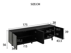Mueble TV con 4 puertas - 175 x 38 x 56 cm - MDF y tableros de partículas - para salón - Negro