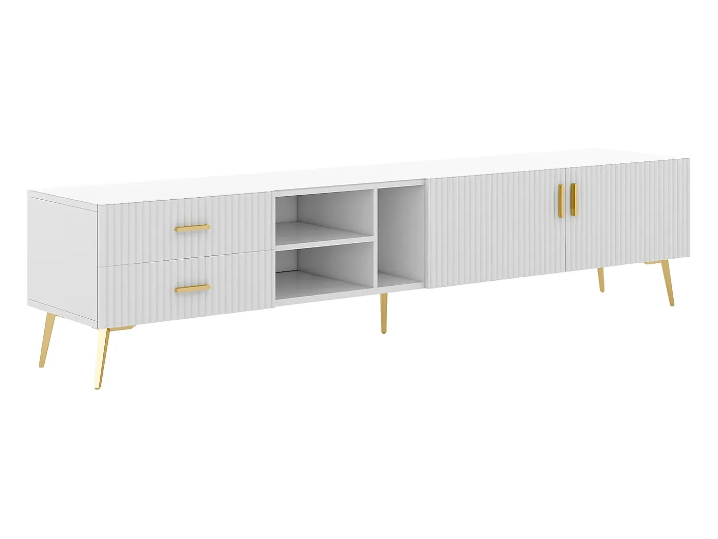 Mueble TV con 2 puertas, 2 cajones y 3 nichos, cuerpo blanco, patas de metal dorado