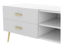 Mueble TV con 2 puertas, 2 cajones y 3 nichos, cuerpo blanco, patas de metal dorado