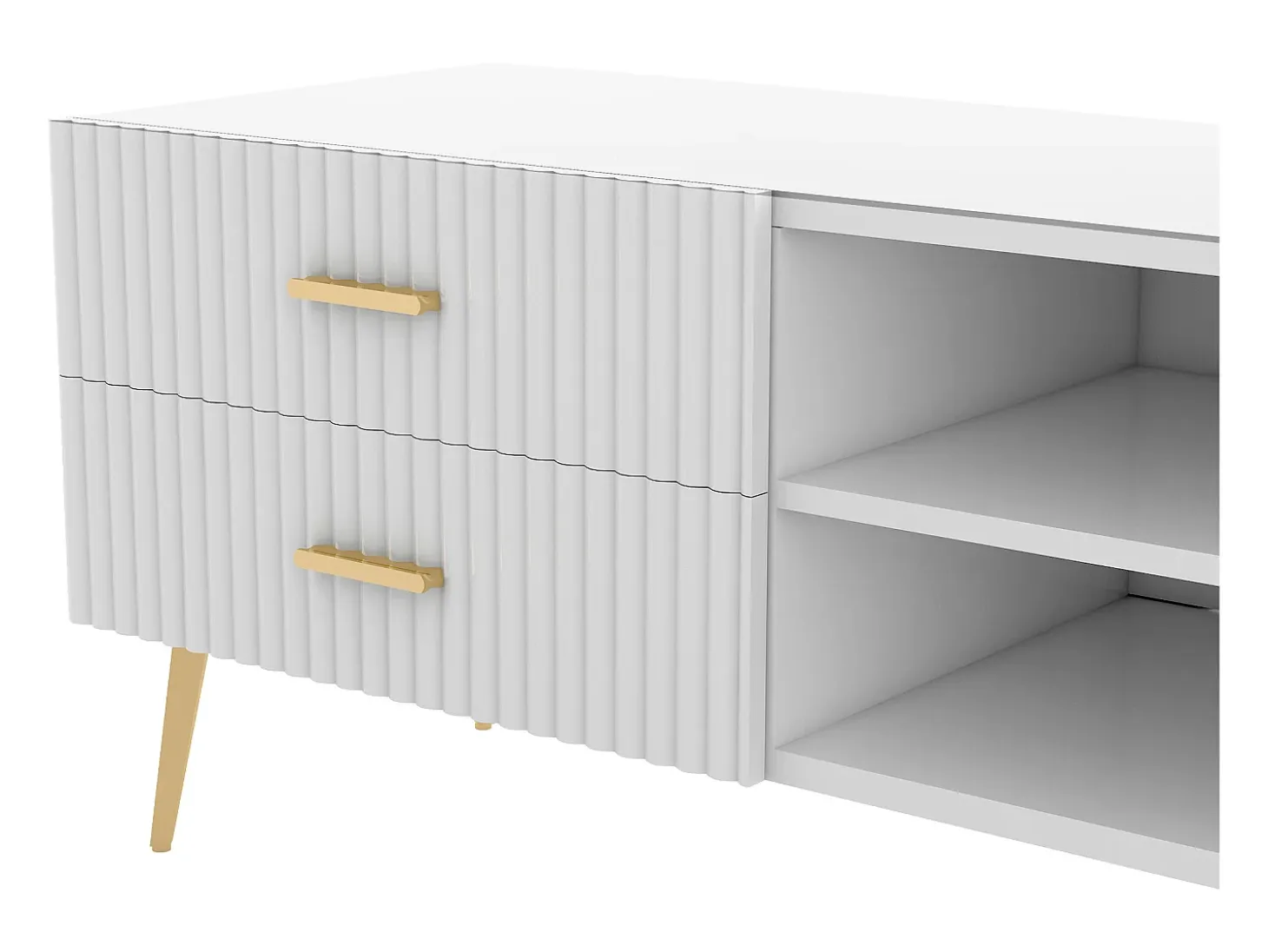 Mueble TV con 2 puertas, 2 cajones y 3 nichos, cuerpo blanco, patas de metal dorado