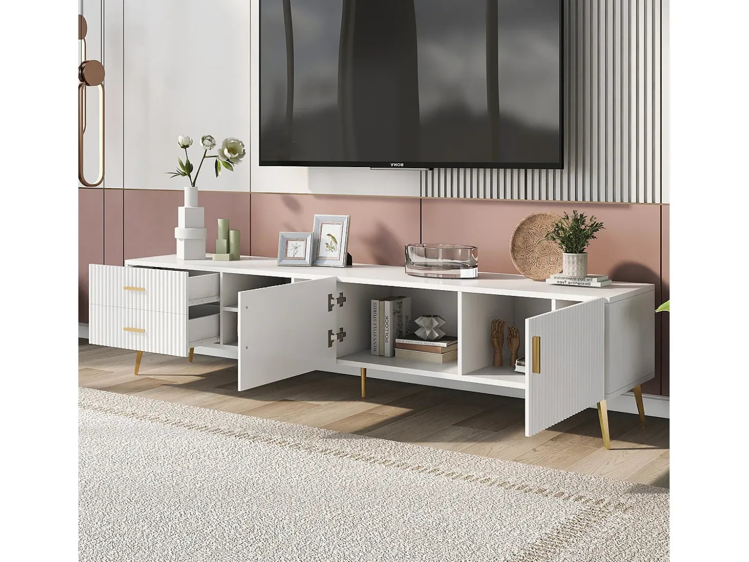 Mueble TV con 2 puertas, 2 cajones y 3 nichos, cuerpo blanco, patas de metal dorado