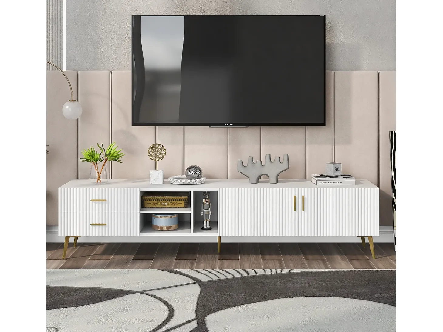 Mueble TV con 2 puertas, 2 cajones y 3 nichos, cuerpo blanco, patas de metal dorado