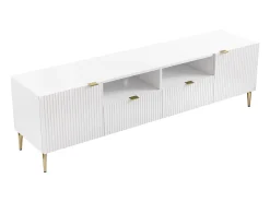 Mueble TV con 2 puertas, 2 cajones y 2 estantes de MDF y acero - Blanco y dorado - YESINIA