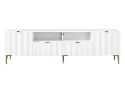 Mueble TV con 2 puertas, 2 cajones y 2 estantes de MDF y acero - Blanco y dorado - YESINIA