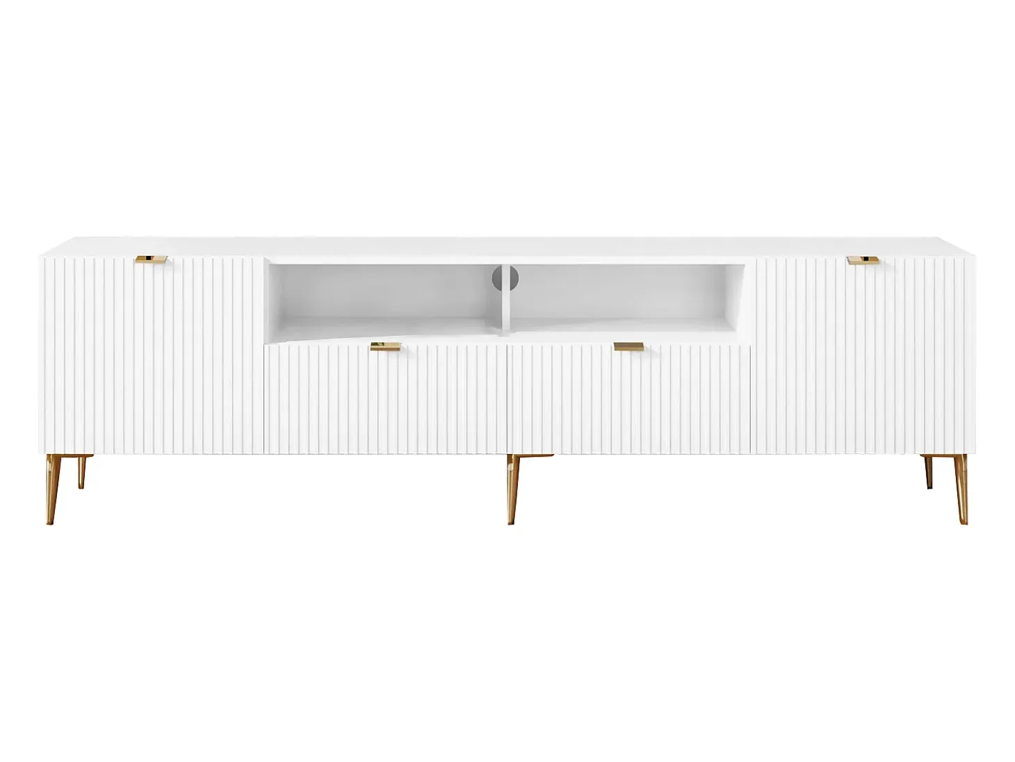 Mueble TV con 2 puertas, 2 cajones y 2 estantes de MDF y acero - Blanco y dorado - YESINIA