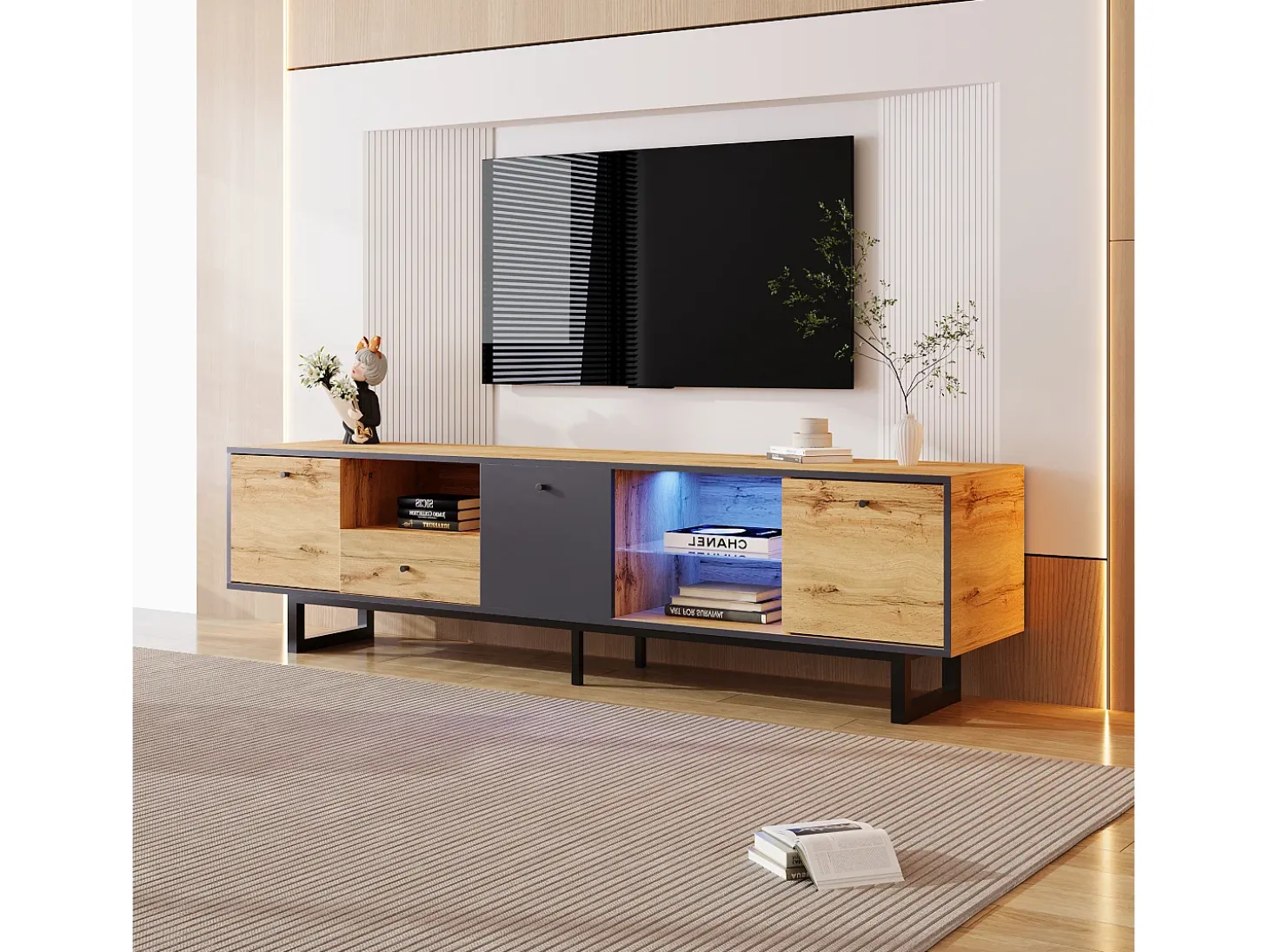 Mueble TV con 3 puertas, 1 cajón y 3 nichos - LED - Tableros de partículas y patas de metal - Roble