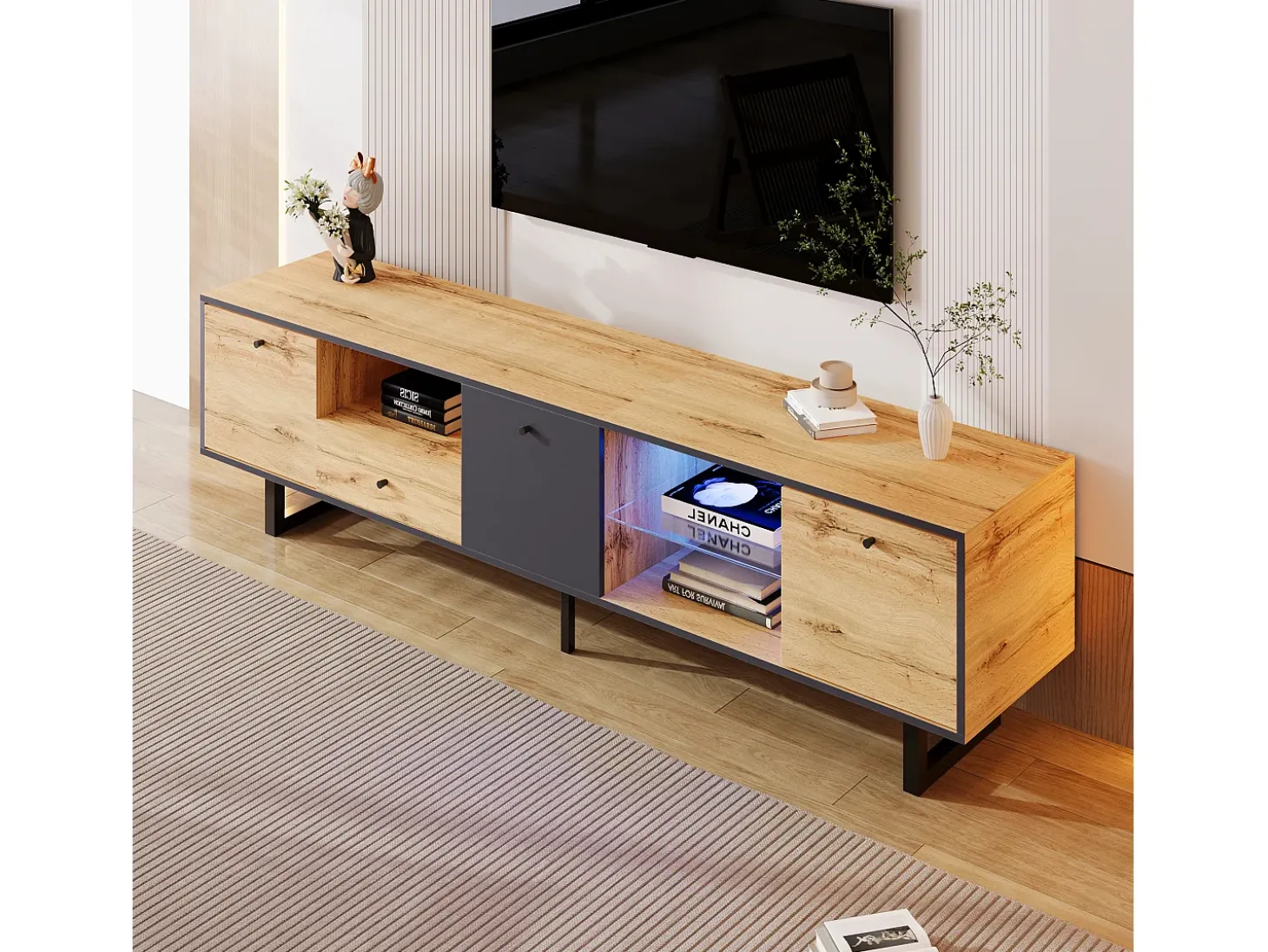 Mueble TV con 3 puertas, 1 cajón y 3 nichos - LED - Tableros de partículas y patas de metal - Roble