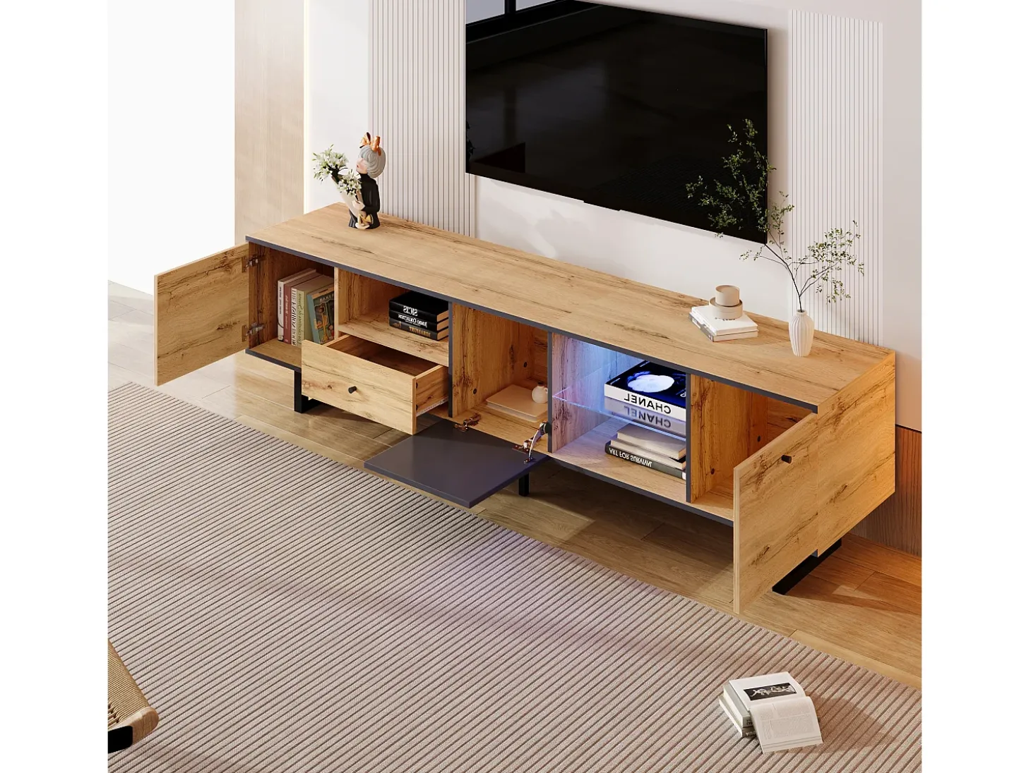 Mueble TV con 3 puertas, 1 cajón y 3 nichos - LED - Tableros de partículas y patas de metal - Roble