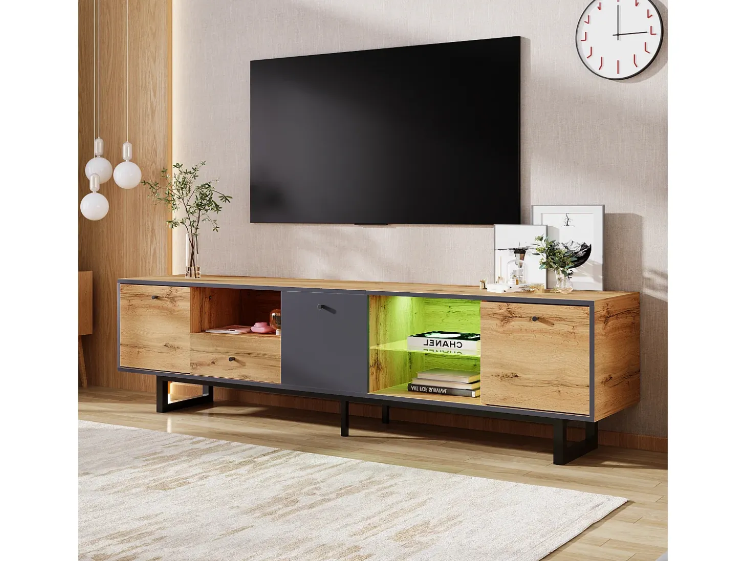 Mueble TV con 3 puertas, 1 cajón y 3 nichos - LED - Tableros de partículas y patas de metal - Roble