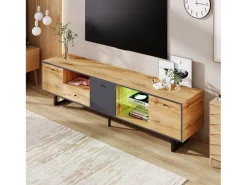 Mueble TV con 3 puertas, 1 cajón y 3 nichos - LED - Tableros de partículas y patas de metal - Roble