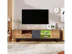 Mueble TV con 3 puertas, 1 cajón y 3 nichos - LED - Tableros de partículas y patas de metal - Roble