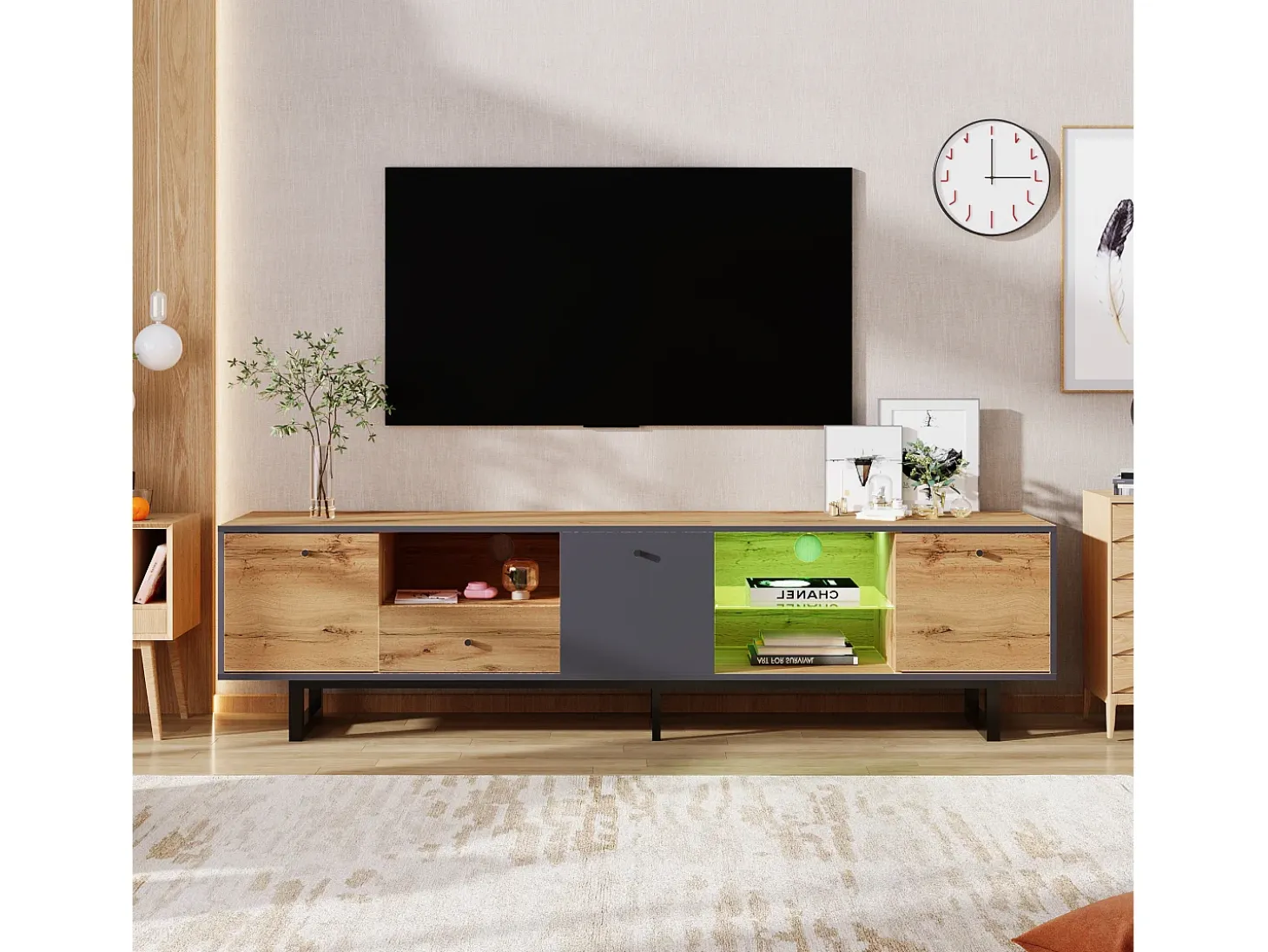 Mueble TV con 3 puertas, 1 cajón y 3 nichos - LED - Tableros de partículas y patas de metal - Roble