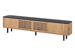 Mueble TV con 4 puertas, 190 x 35 x 45 cm - Tapa negra - Color madera clara
