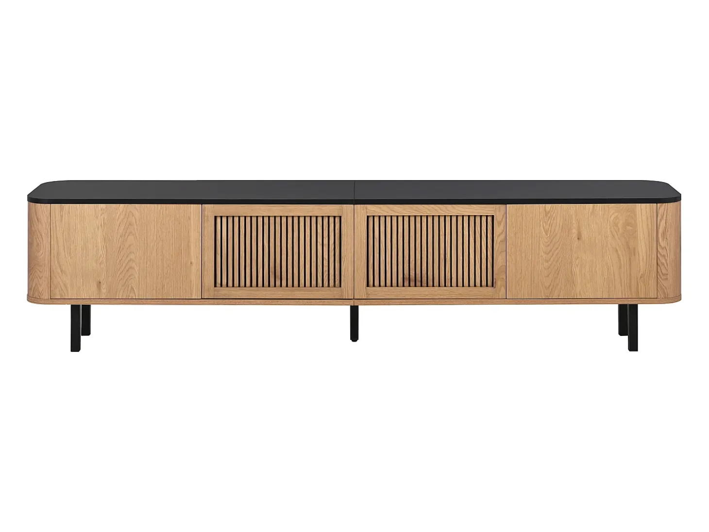 Mueble TV con 4 puertas, 190 x 35 x 45 cm - Tapa negra - Color madera clara