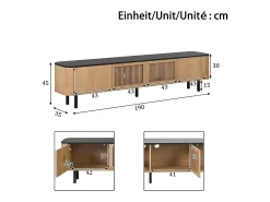 Mueble TV con 4 puertas, 190 x 35 x 45 cm - Tapa negra - Color madera clara