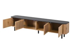 Mueble TV con 4 puertas, 190 x 35 x 45 cm - Tapa negra - Color madera clara