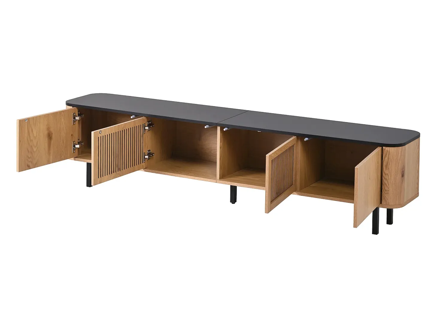 Mueble TV con 4 puertas, 190 x 35 x 45 cm - Tapa negra - Color madera clara