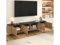 Mueble TV con 4 puertas, 190 x 35 x 45 cm - Tapa negra - Color madera clara