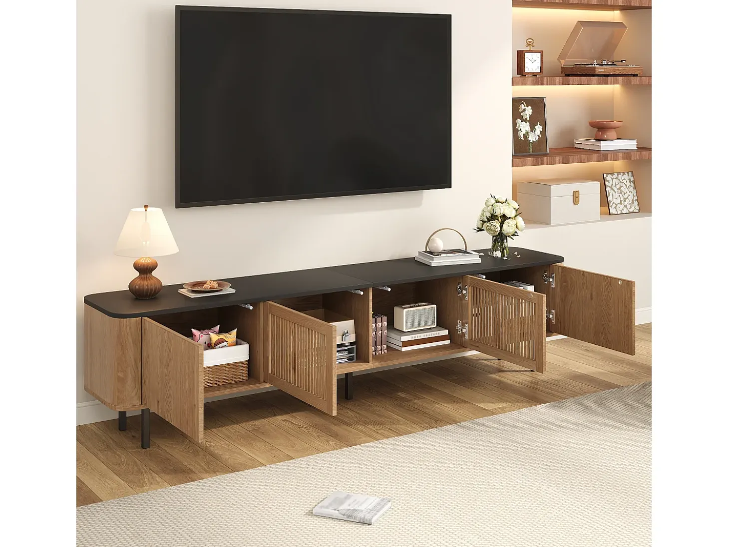Mueble TV con 4 puertas, 190 x 35 x 45 cm - Tapa negra - Color madera clara
