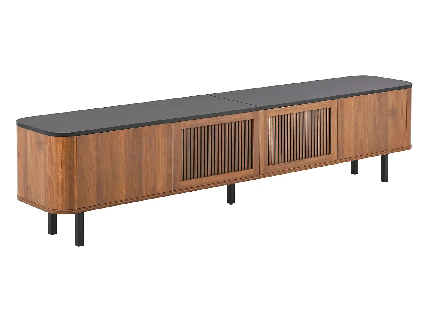 Mueble TV con 4 puertas, 190 x 35 x 45 cm - Tapa negra - Color madera oscura
