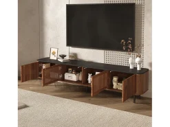 Mueble TV con 4 puertas, 190 x 35 x 45 cm - Tapa negra - Color madera oscura