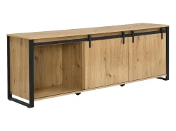Mueble TV con 2 puertas correderas, 1 cajón y 1 hueco en MDF y metal negro - Natural - BELINARO