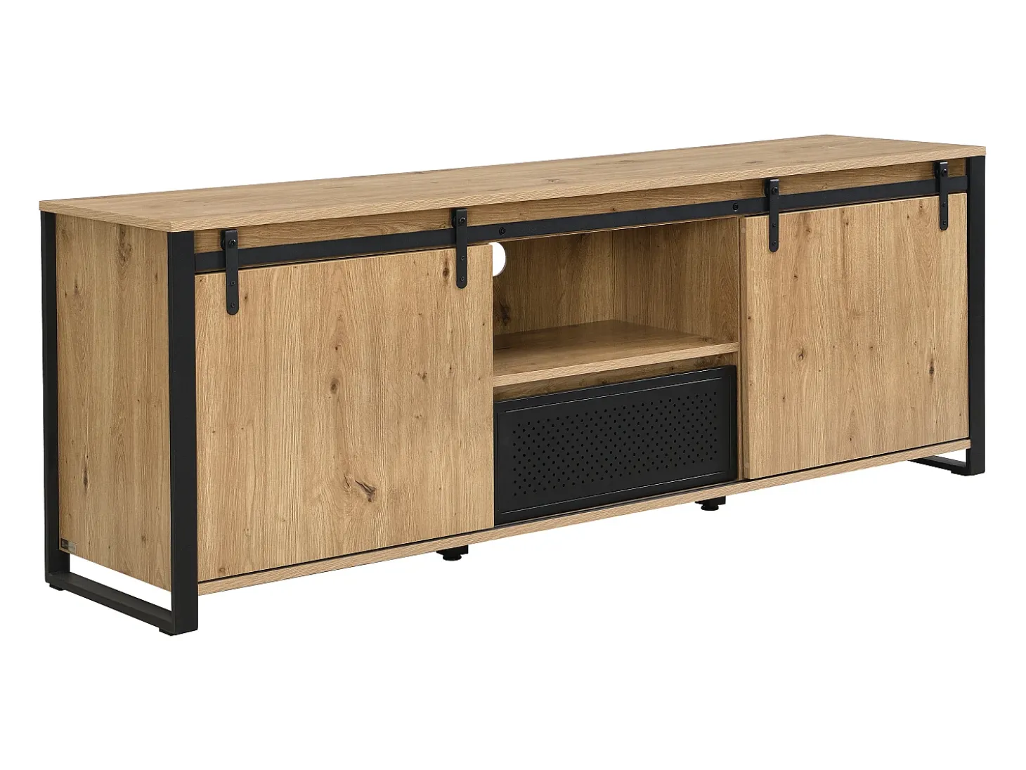 Mueble TV con 2 puertas correderas, 1 cajón y 1 hueco en MDF y metal negro - Natural - BELINARO
