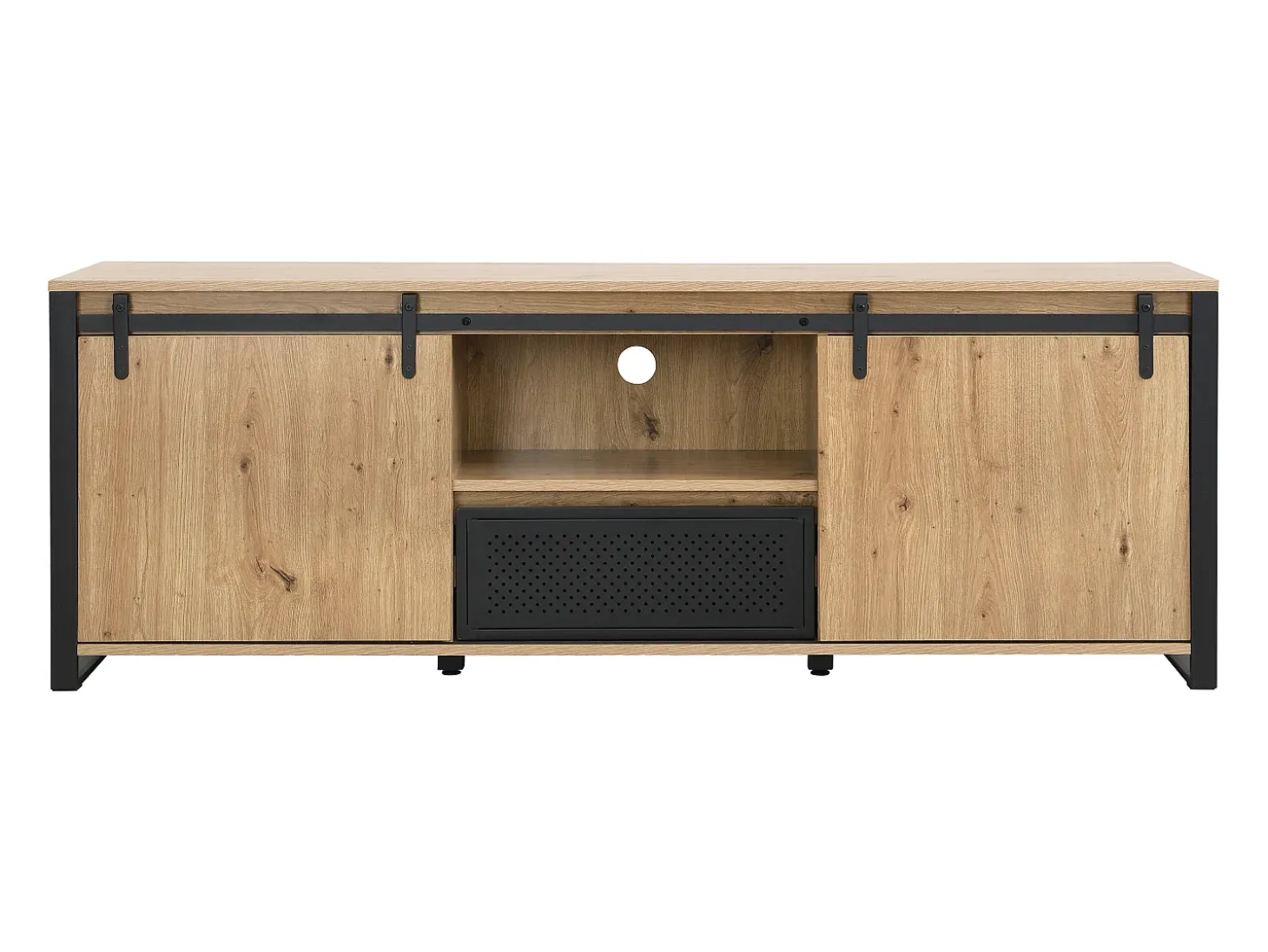 Mueble TV con 2 puertas correderas, 1 cajón y 1 hueco en MDF y metal negro - Natural - BELINARO