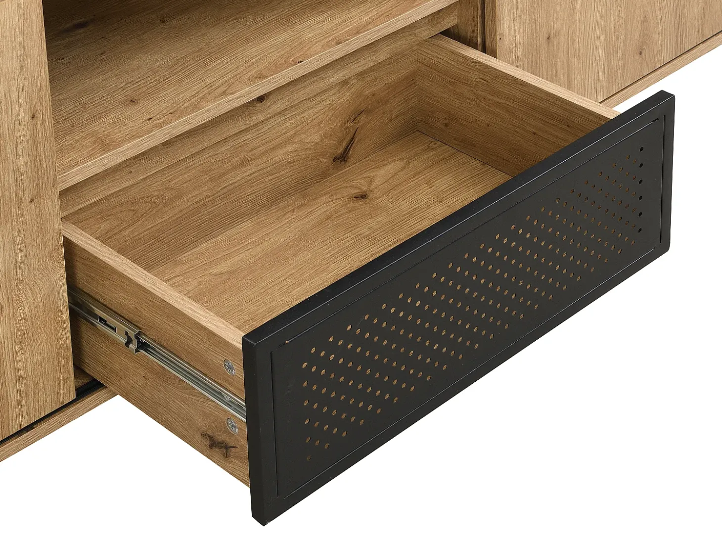 Mueble TV con 2 puertas correderas, 1 cajón y 1 hueco en MDF y metal negro - Natural - BELINARO