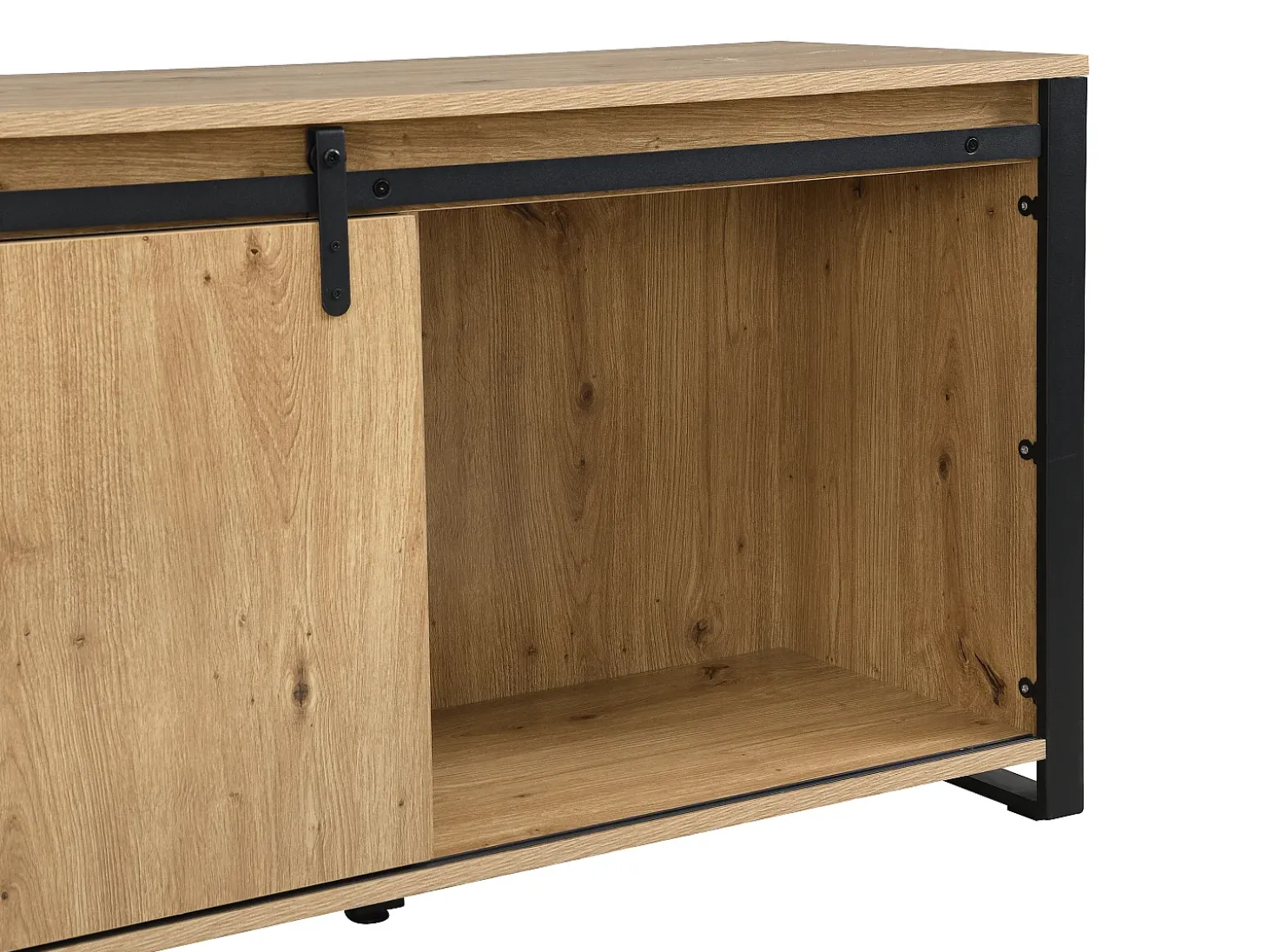 Mueble TV con 2 puertas correderas, 1 cajón y 1 hueco en MDF y metal negro - Natural - BELINARO