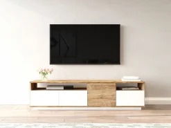 Mueble TV con 4 puertas y 2 estantes - Natural claro y blanco - CEDONA