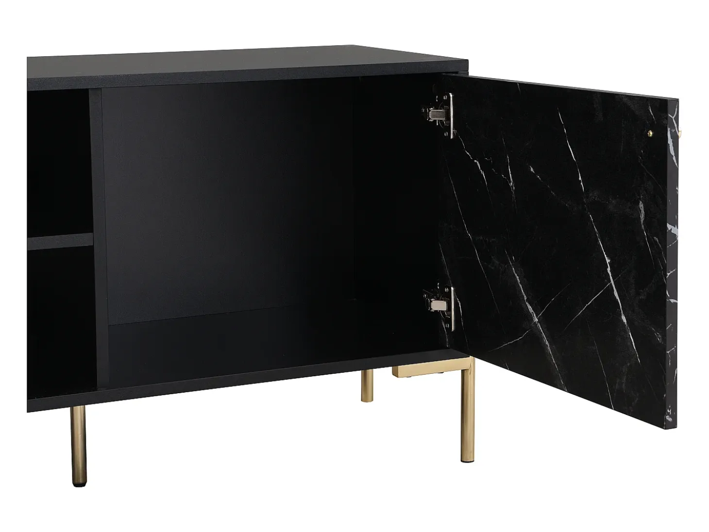 Mueble TV con 2 puertas y 2 estantes de MDF y metal - Efecto mármol negro y dorado - CIEMILA