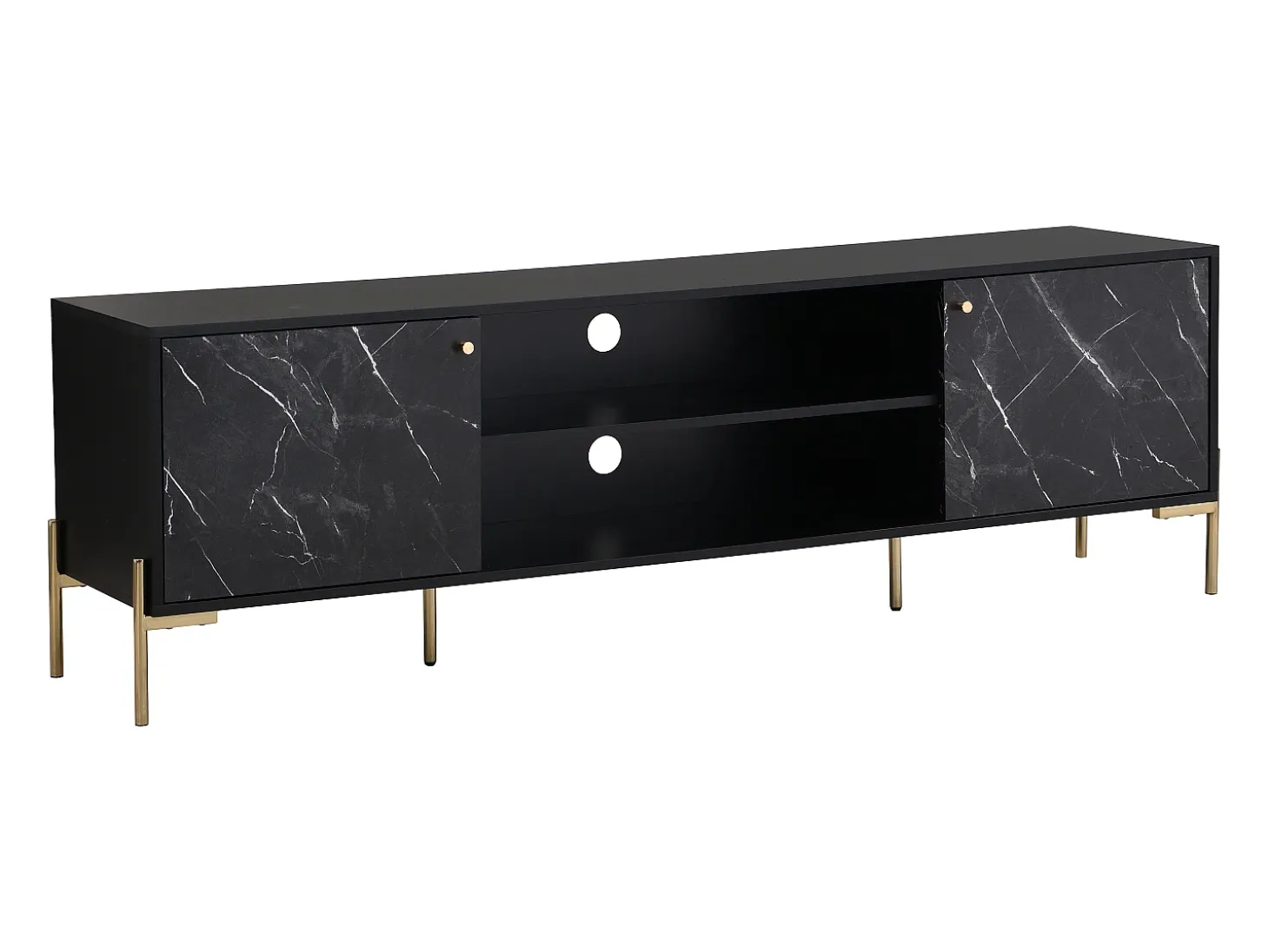 Mueble TV con 2 puertas y 2 estantes de MDF y metal - Efecto mármol negro y dorado - CIEMILA