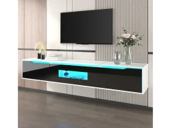 Mueble TV con 3 puertas y LED, mueble TV de pared, lacado en blanco y negro