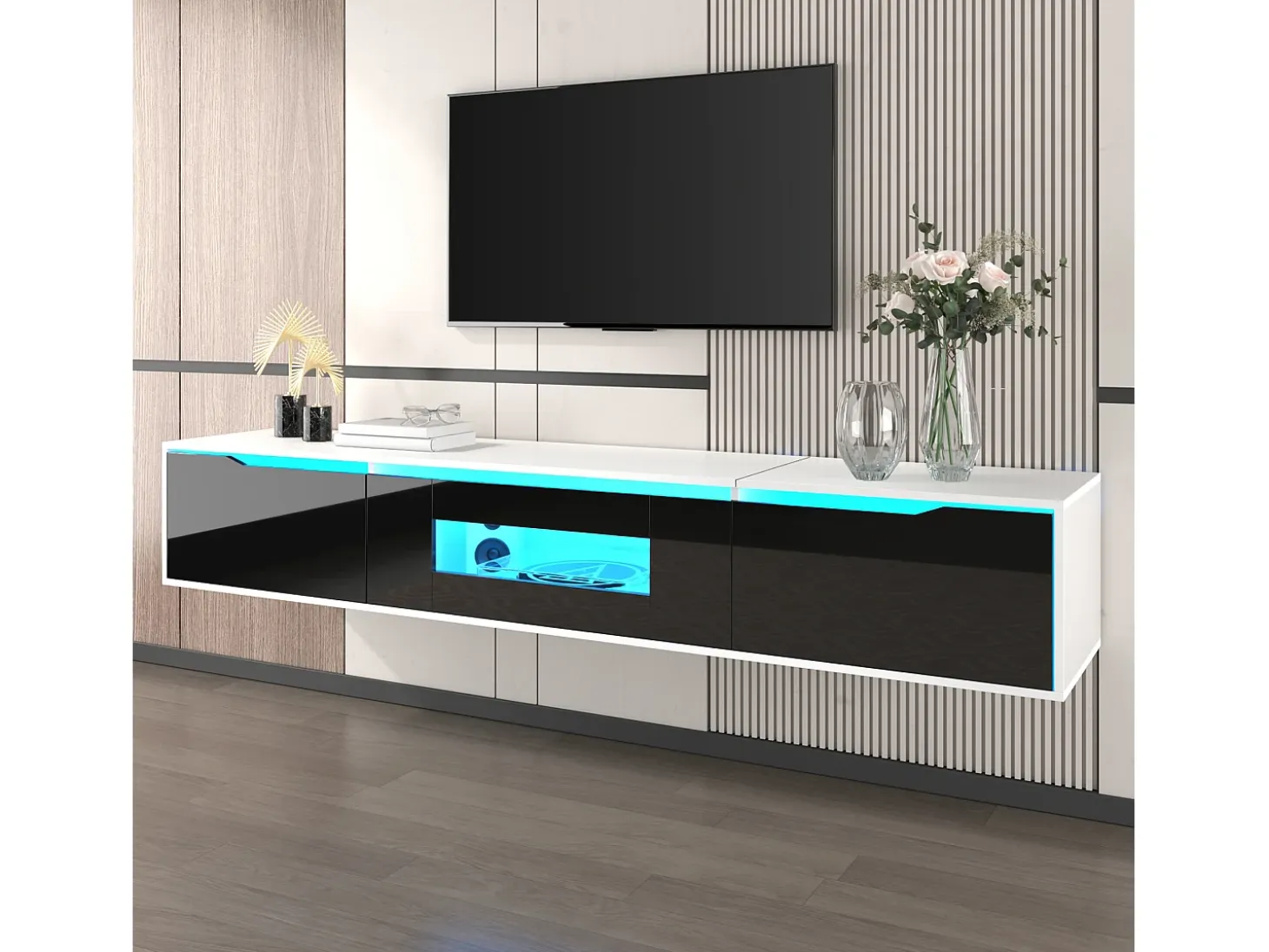 Mueble TV con 3 puertas y LED, mueble TV de pared, lacado en blanco y negro